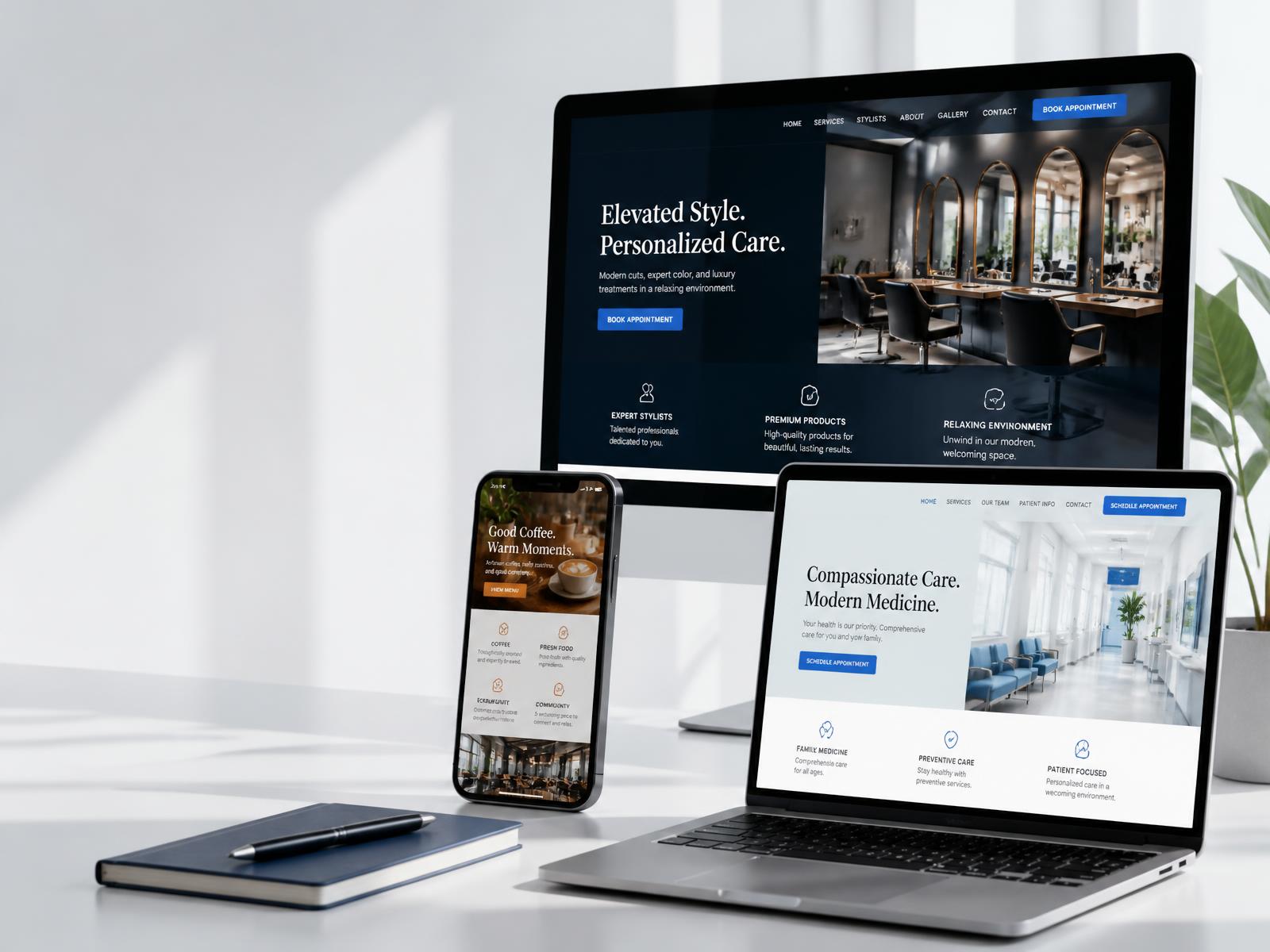 Desktop, laptop and mobile previews of salon, clinic and café websites designed by SPNS Studio